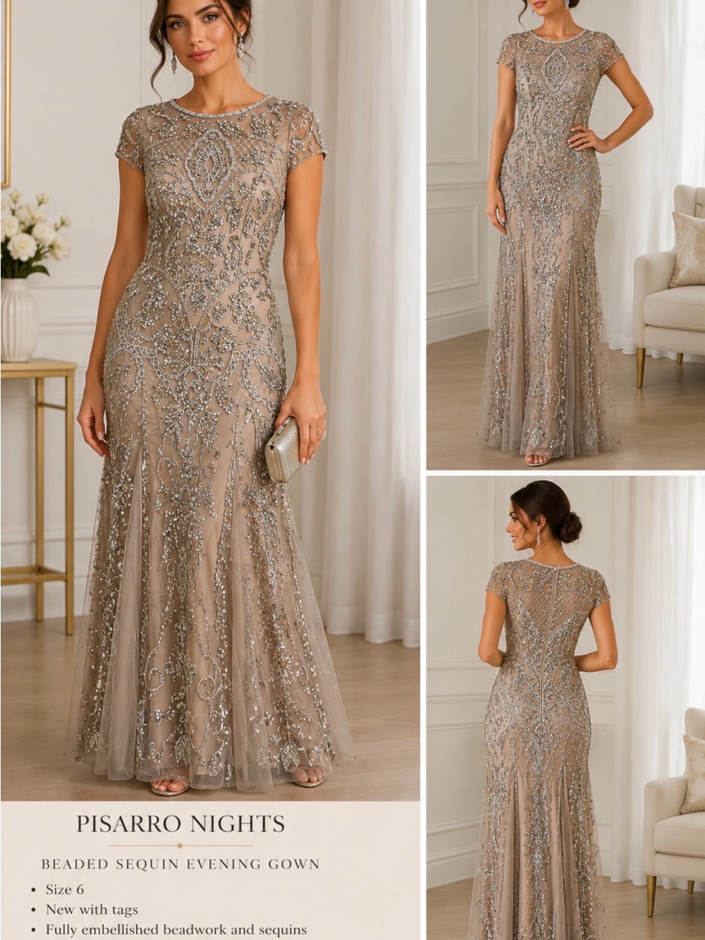 NWT Pisarro Nights Beaded Sequin Art Deco Evening Gown Dress Size 6